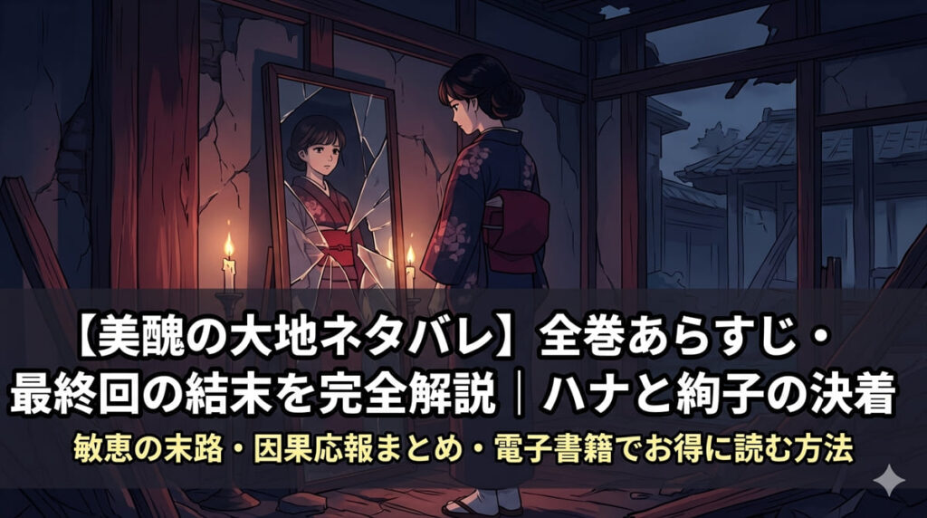 美醜の大地ネタバレ記事のアイキャッチ画像。廃墟の中で鏡の破片を見つめる主人公ハナのイメージイラスト、復讐劇の終幕を象徴