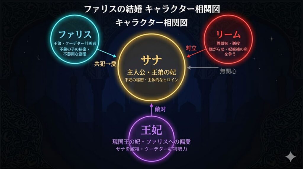 ファリスの結婚のキャラクター相関図。主人公サナを中心に、ファリス・リーム・王妃の4人の関係性を図示。中東風ロマンスファンタジー作品のダークな宮廷デザイン