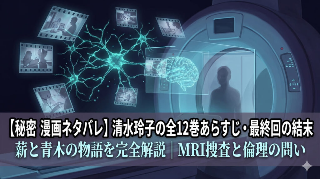 秘密 -トップシークレット- 漫画ネタバレ記事のアイキャッチ画像。近未来のMRI脳スキャン技術を象徴する青白い光の中に記事タイトルが配置されたSFミステリの構図
