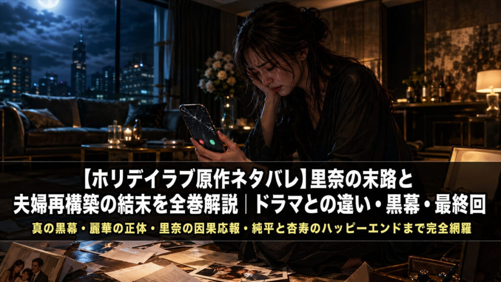ホリデイラブ原作ネタバレ記事のアイキャッチ画像。暗い室内で一人佇む女性のイメージイラスト、夫婦の危機と裏切りというテーマを象徴