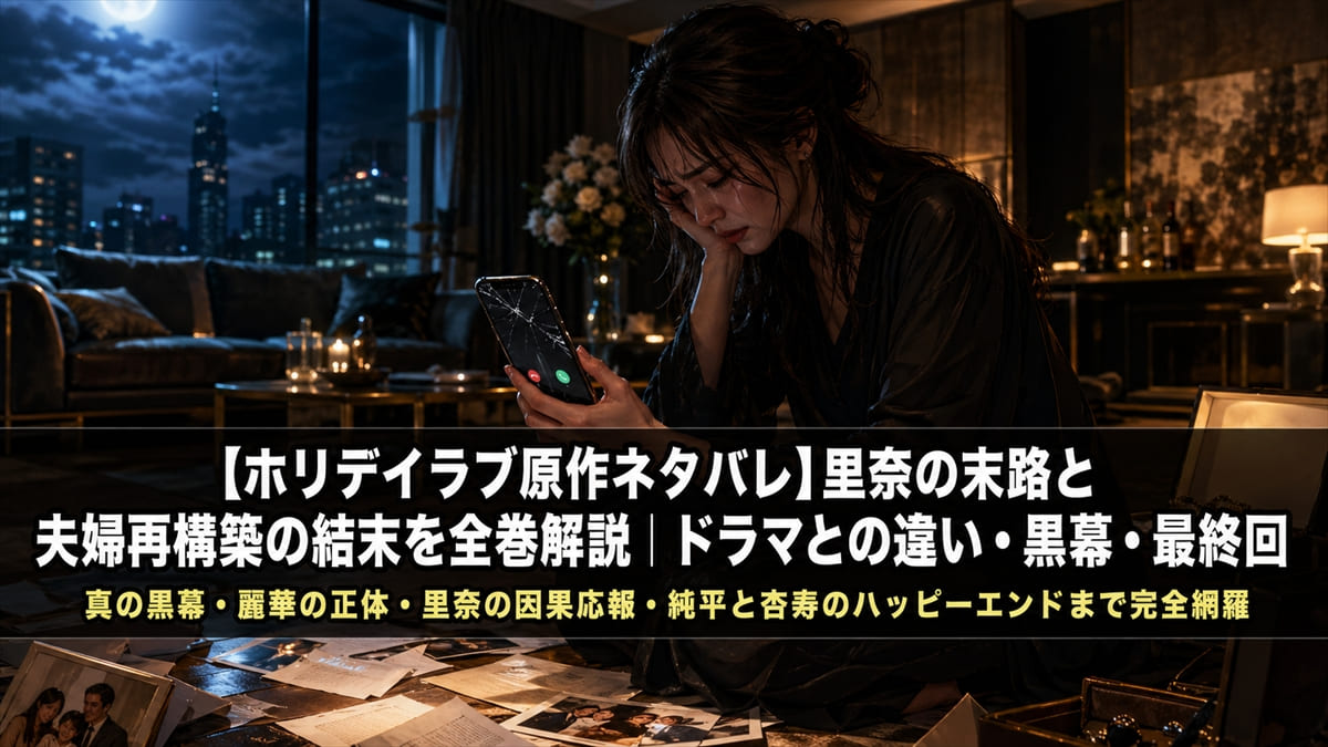 ホリデイラブ原作ネタバレ記事のアイキャッチ画像。暗い室内で一人佇む女性のイメージイラスト、夫婦の危機と裏切りというテーマを象徴
