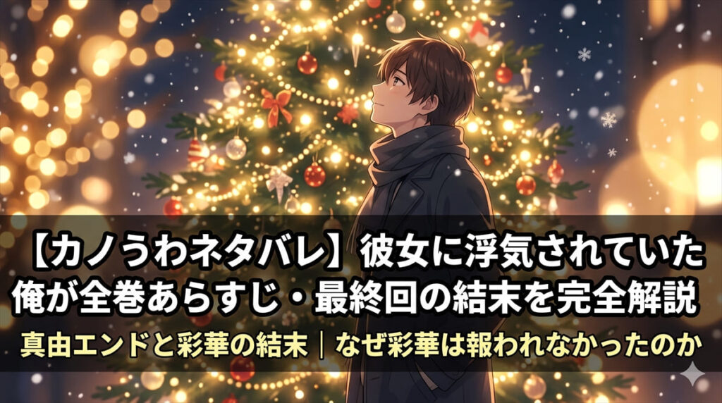 カノうわネタバレ記事のアイキャッチ画像。クリスマスツリーの下に立つ主人公悠太のイメージイラスト、最終告白シーンを象徴