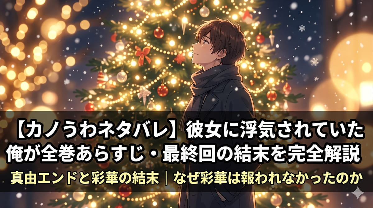 カノうわネタバレ記事のアイキャッチ画像。クリスマスツリーの下に立つ主人公悠太のイメージイラスト、最終告白シーンを象徴