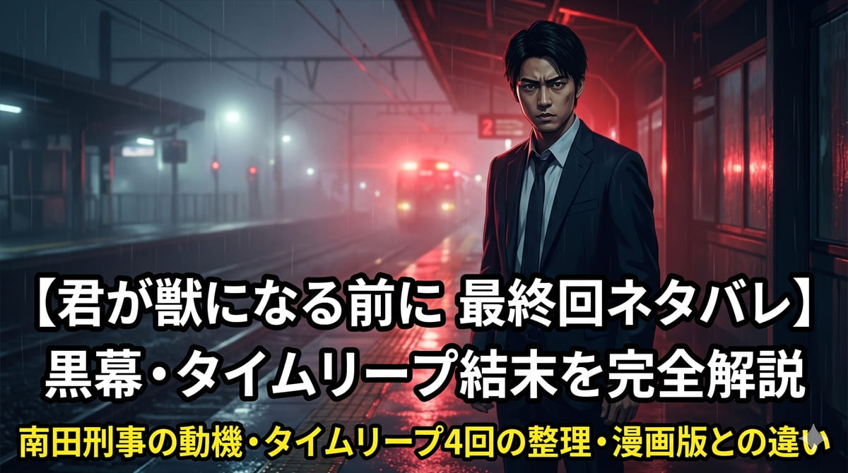 君が獣になる前に 最終回ネタバレ記事のアイキャッチ画像。雨の夜の駅のホームに立つ主人公・神崎一のシルエットと、タイムリープサスペンスを想起させる深紅の背景