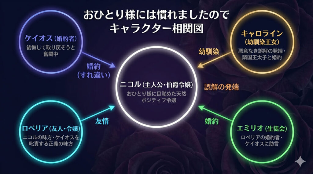 おひとり様には慣れましたので キャラクター相関図。主人公ニコルを中心に、婚約者ケイオス・幼馴染王女キャロライン・友人ロベリア・エミリオの関係性を図示