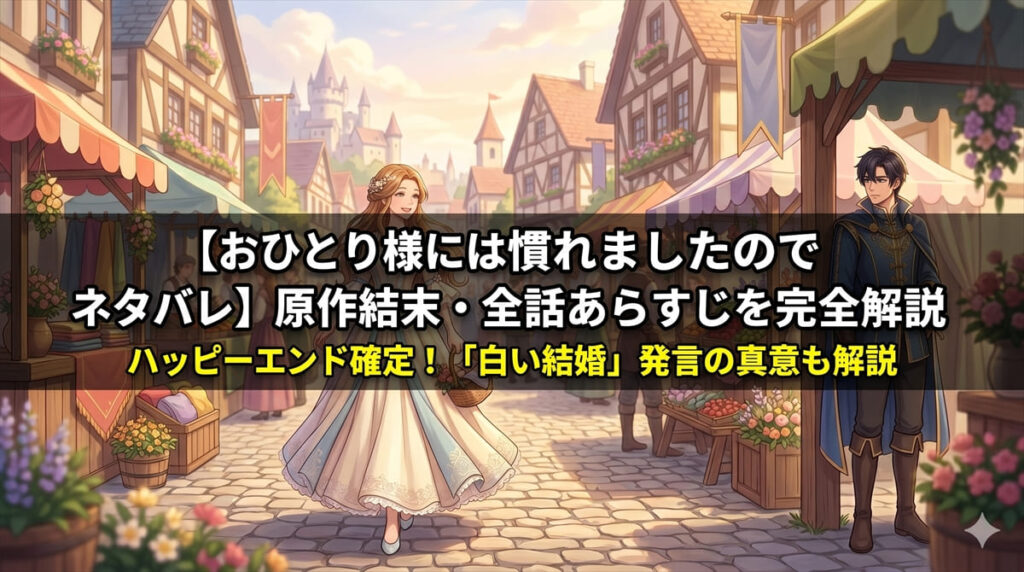 おひとり様には慣れましたので ネタバレ記事のアイキャッチ画像。令嬢ニコルが行商市を一人で楽しみ、遠くから婚約者ケイオスが見つめているファンタジー風イラスト