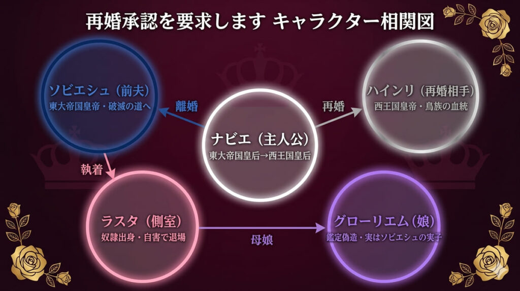 再婚承認を要求しますのキャラクター相関図。皇后ナビエを中心に、前夫ソビエシュ・再婚相手ハインリ・側室ラスタ・娘グローリエムとの関係を図示