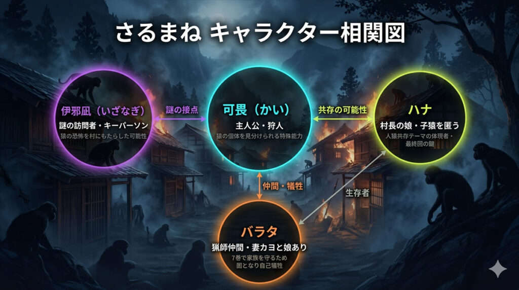 さるまねのキャラクター相関図。可畏を中心に、伊邪凪・ハナ・バラタの4人の関係性を図示。江戸時代のパニックホラー作品のダークなデザイン