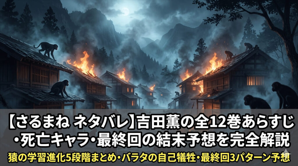 さるまね 漫画ネタバレ記事のアイキャッチ画像。江戸時代の山村が燃え、猿の影が漂う暗闇の中に記事タイトルが配置されたパニックホラーの構図