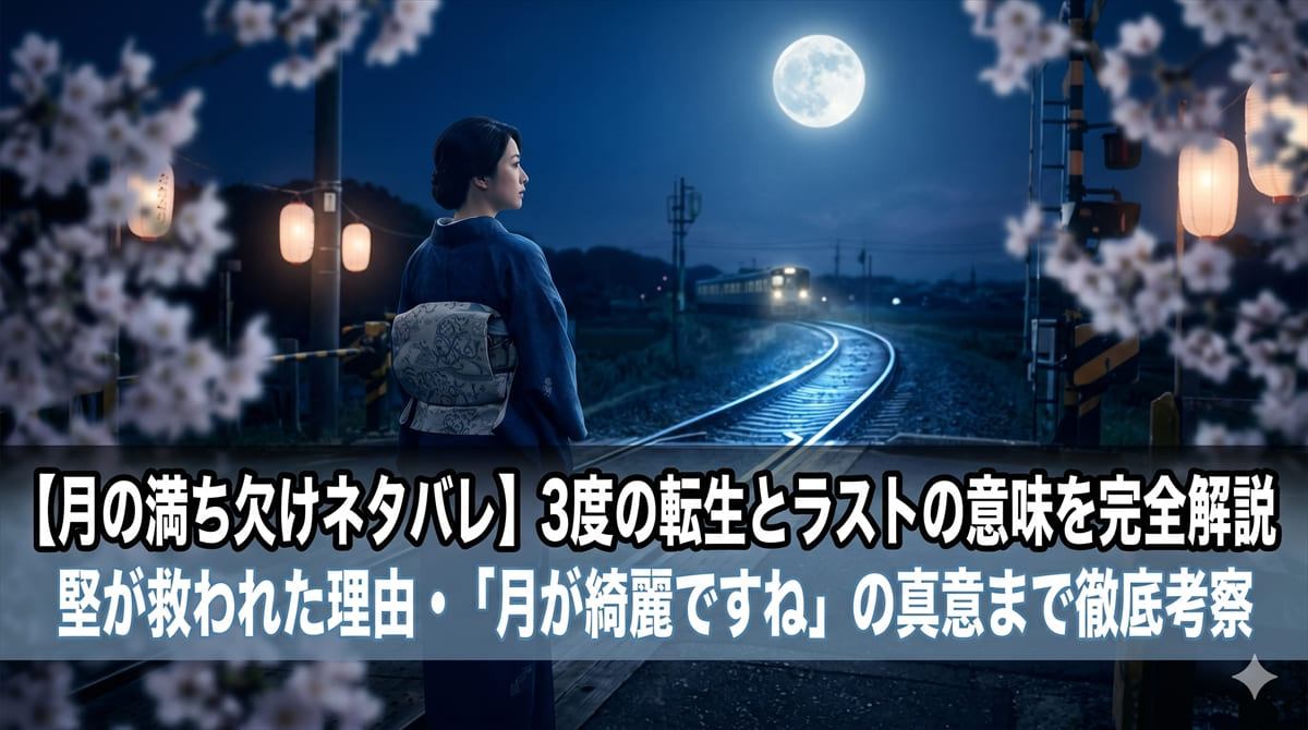 月の満ち欠けネタバレ記事のアイキャッチ画像。月明かりに照らされた踏切に佇む女性のシネマティックな構図。転生と純愛をテーマとした記事のビジュアル。