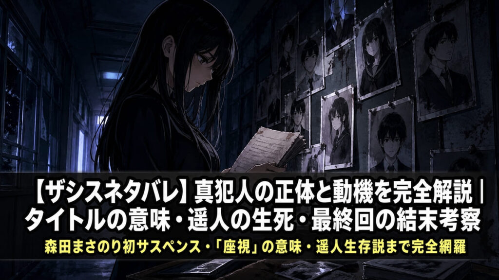 ザシスネタバレ記事のアイキャッチ画像。夜の学校廊下で原稿を前に立つ謎の女性のイメージイラスト、傍観者の罪という作品テーマを象徴