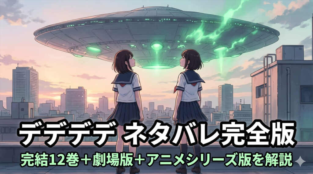 デデデデ ネタバレ記事のアイキャッチ画像。東京上空に浮遊する巨大宇宙船と二人の高校生少女おんたんと門出の構図