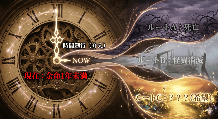 八尋寧々の寿命問題と、時間遡行による運命改変の可能性を示したタイムライン図。