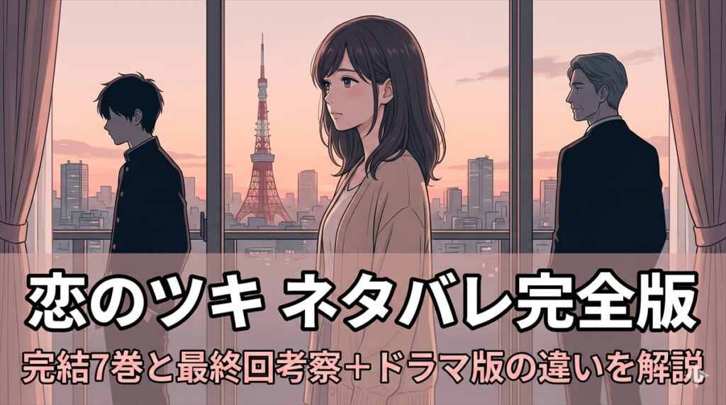 恋のツキ ネタバレ記事のアイキャッチ画像。31歳ワコと長年の彼ふうくん、若い浮気相手伊古ユメアキの三角関係を象徴する構図