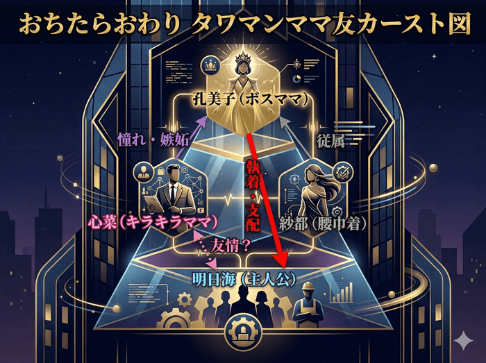 漫画『おちたらおわり』のネタバレ解説記事アイキャッチ。タワマン屋上で対峙する明日海と孔美子、そして背景のヘリコプターが描かれた緊迫のシーン。