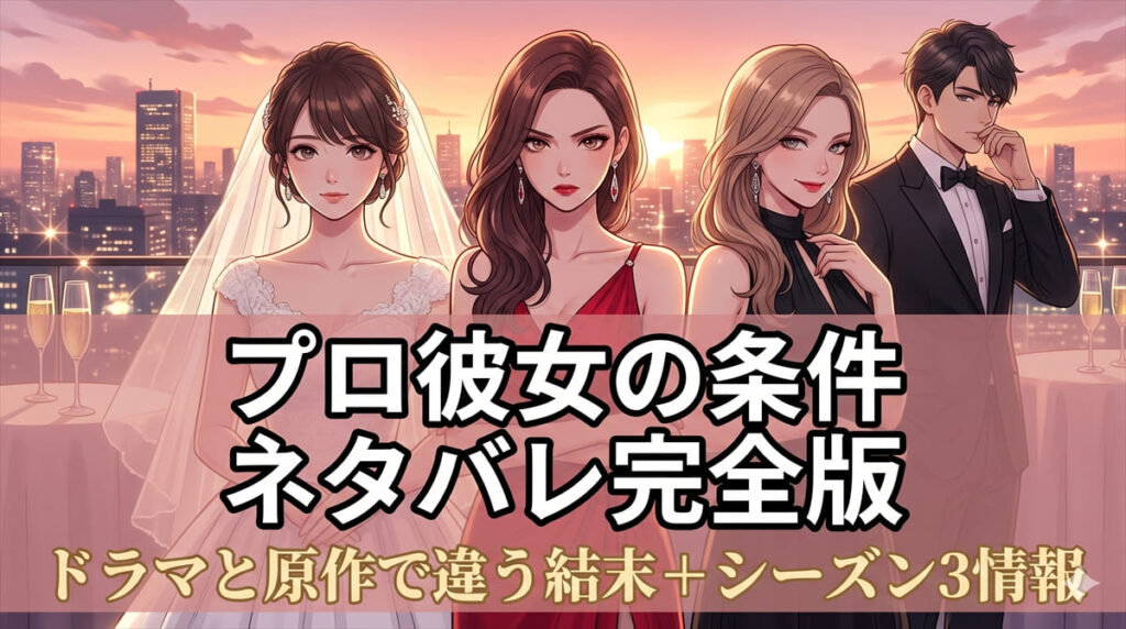 プロ彼女の条件 ネタバレ記事のアイキャッチ画像。芸能人と結婚したい女たちの恋愛サバイバルを象徴する構図