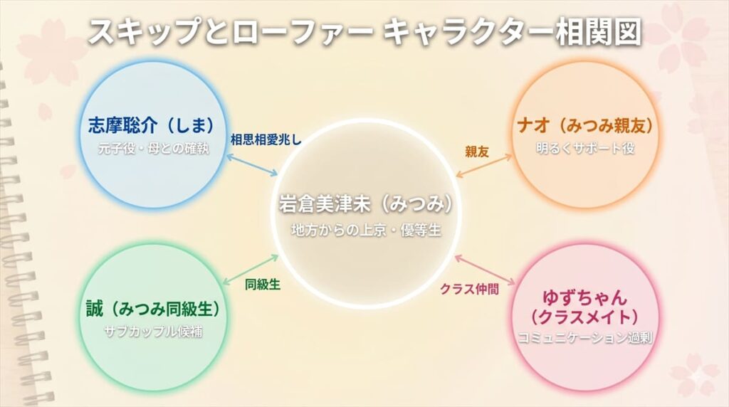スキップとローファーのキャラクター相関図。ヒロインみつみを中心に、志摩聡介・親友ナオ・同級生誠・クラスメイトゆずちゃんとの関係を図示