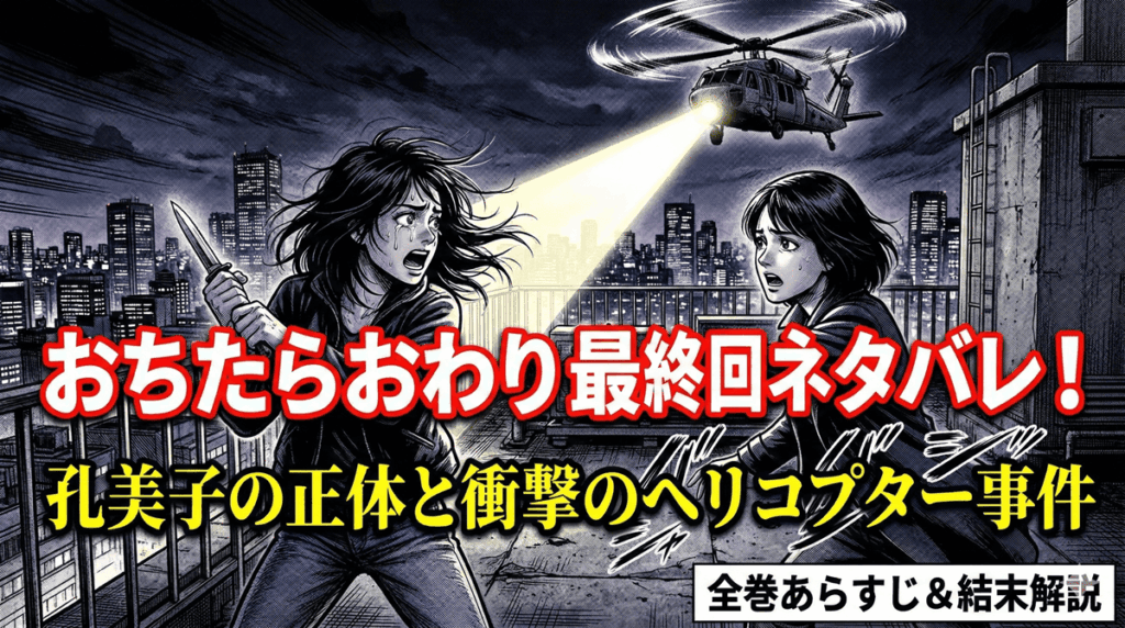 漫画『おちたらおわり』のネタバレ解説記事アイキャッチ。タワマン屋上で対峙する明日海と孔美子、そして背景のヘリコプターが描かれた緊迫のシーン。