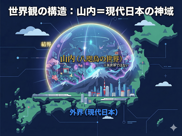 『烏は主を選ばない』の世界観図解。山内が現代日本の中に結界で隠された神域であることを示す図。