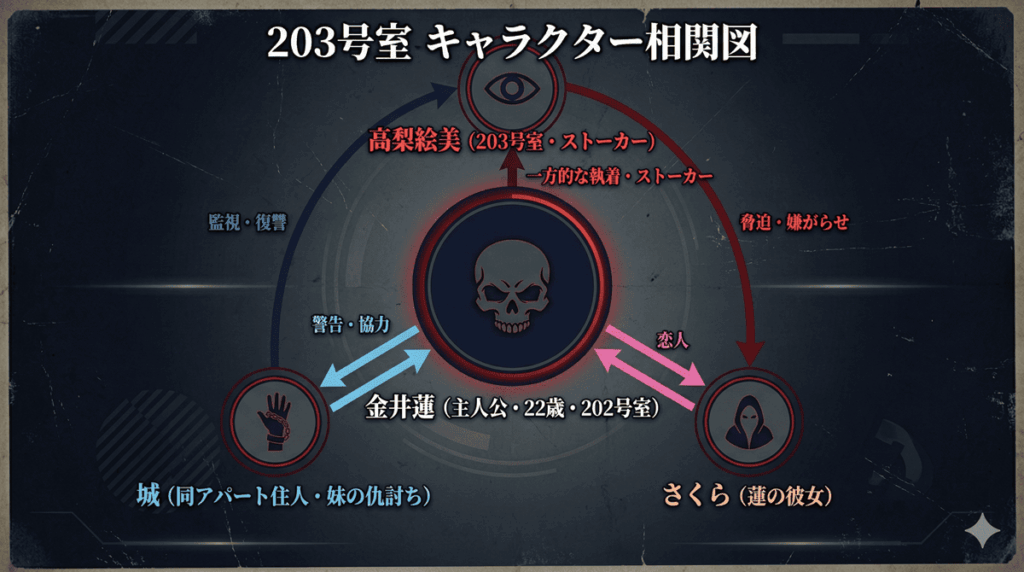「203号室（百鬼夜行）キャラクター相関図。主人公・金井蓮を中心に、ストーカーの高梨絵美・彼女のさくら・復讐者の城の関係性を示した図解」
