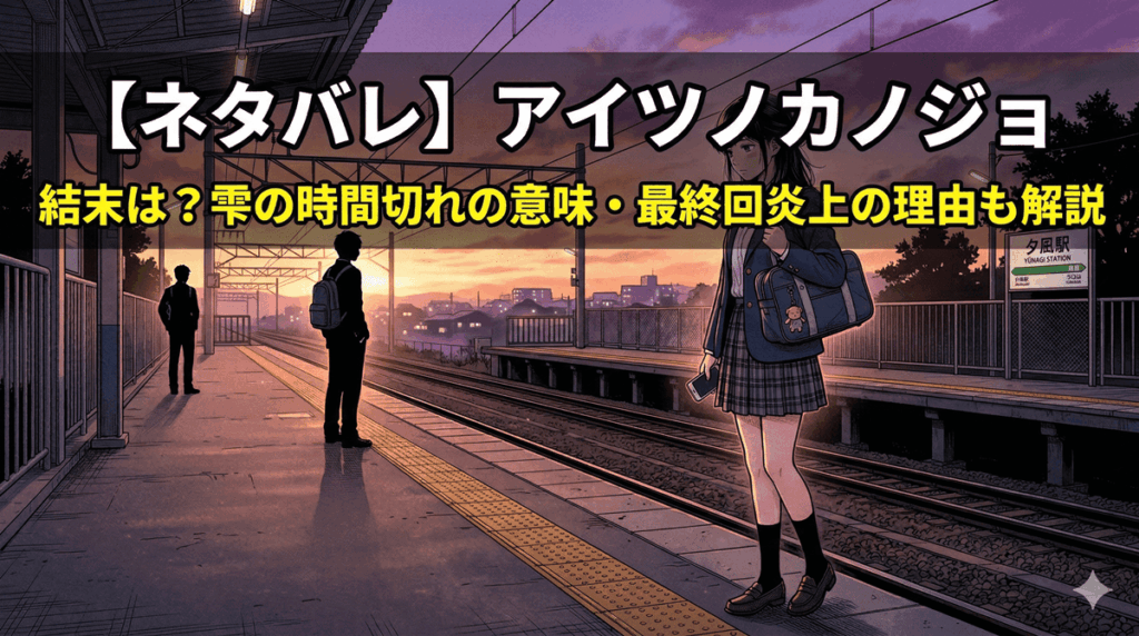 アイツノカノジョ ネタバレ記事のアイキャッチ画像。夕暮れの駅のホームに立つ女子生徒と遠くに立つ2人のシルエット、別れと切なさを表す構図