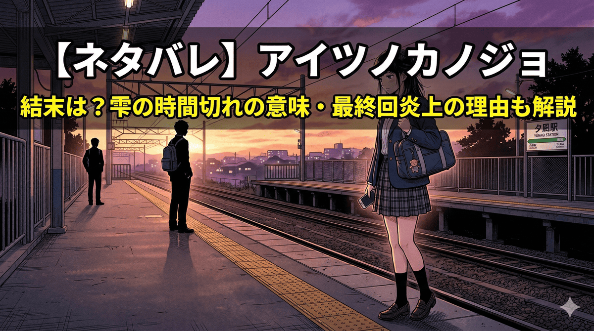 アイツノカノジョ ネタバレ記事のアイキャッチ画像。夕暮れの駅のホームに立つ女子生徒と遠くに立つ2人のシルエット、別れと切なさを表す構図