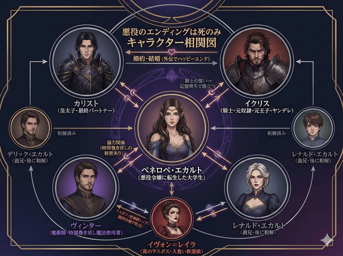 悪役のエンディングは死のみのキャラクター相関図。主人公ペネロペを中心に、皇太子カリストとの婚約関係・騎士イクリスの誓い・魔術師ヴィンターとの協力関係・ラスボスのイヴォン(レイラ)・義兄デリックとレナルドの和解関係を矢印と色分けで示した図