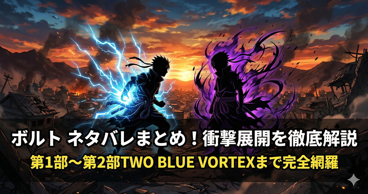 「ボルト ネタバレまとめ記事のアイキャッチ画像。二人の忍者が対峙するドラマチックな構図に記事タイトルを配置」
