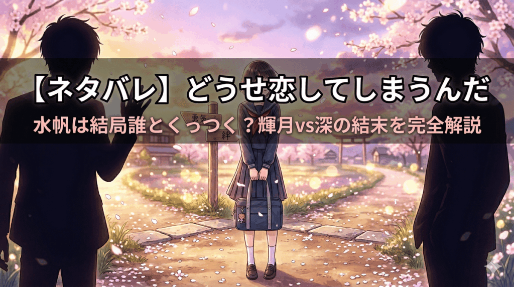 「どうせ恋してしまうんだ ネタバレ記事のアイキャッチ画像。主人公・水帆が輝月と深の二人の男性の間で揺れる、甘く切ない少女漫画風のロマンティックなイラスト」