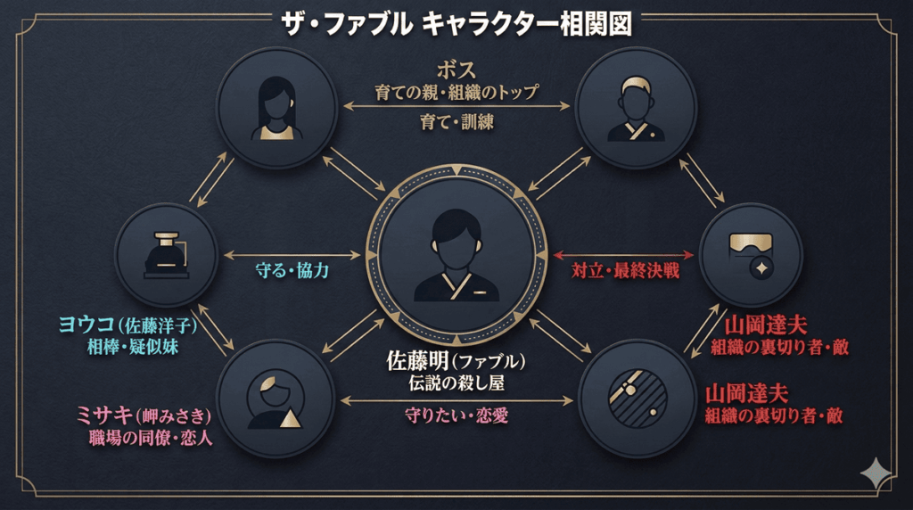 ザ・ファブルのキャラクター相関図。中央に佐藤明(ファブル)を配置し、ボス・ヨウコ・ミサキ・山岡との関係性を矢印で示したダークテーマの図解