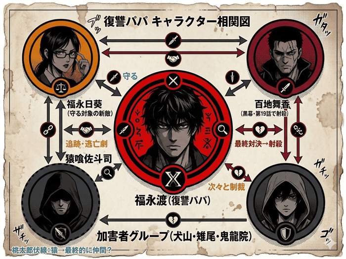 復讐パパのキャラクター相関図。中央に復讐パパ・渡、周囲に日葵・百地舞香・加害者グループ・猿喰刑事が配置され、各関係性と桃太郎伏線対応を示した図解