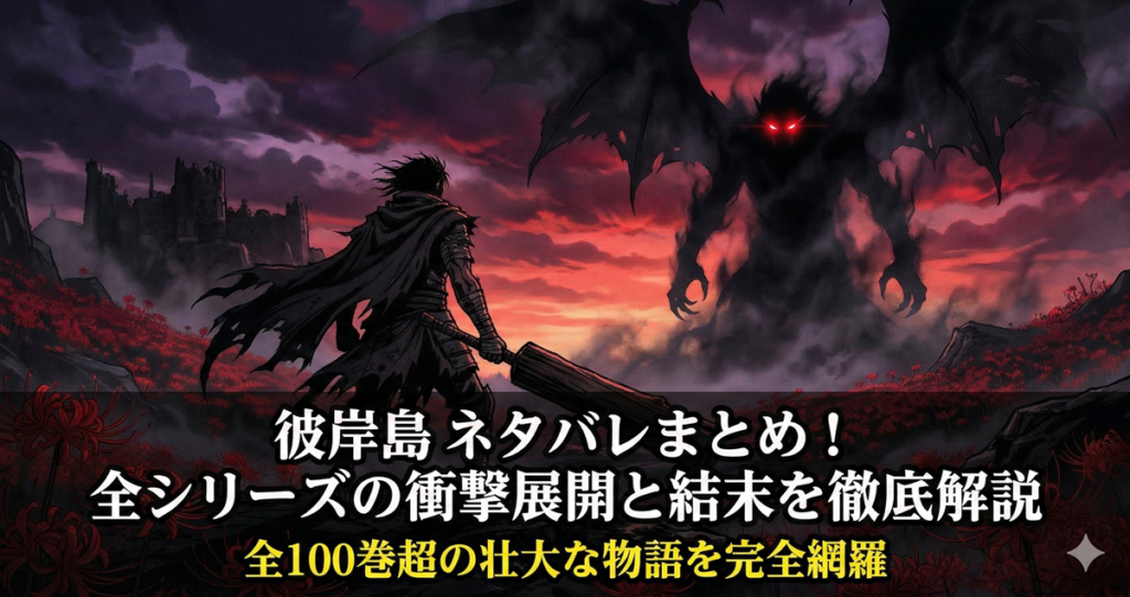 彼岸島ネタバレまとめ記事のアイキャッチ画像。丸太を持った戦士のシルエットと巨大な吸血鬼の影、赤い彼岸花が咲く島を背景にしたダークファンタジー風の構図