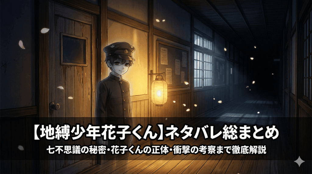 「地縛少年花子くん ネタバレ総まとめ記事のアイキャッチ画像。夜の学校廊下に佇む花子くん（黄金色制服の少年）と幻想的な和風ホラーの雰囲気」