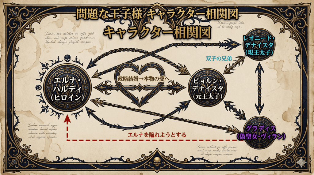 問題な王子様のキャラクター相関図。エルナとビョルンの政略結婚から本物の愛への変化、双子の弟レオニードとの関係、ヴィランのグラディスとエルナの対立関係を図示