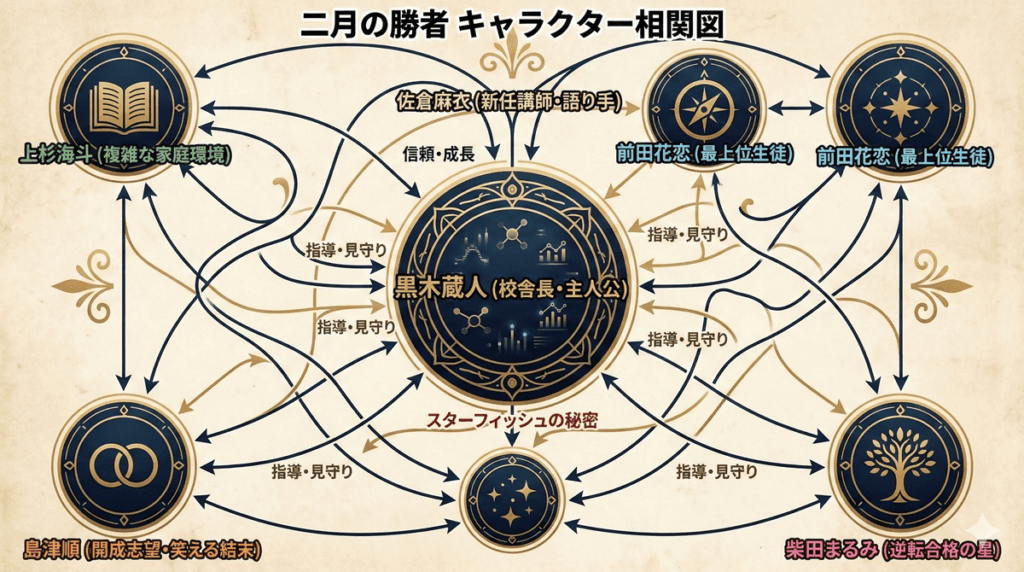 二月の勝者のキャラクター相関図。中央に黒木蔵人、周囲に佐倉麻衣・前田花恋・柴田まるみ・島津順・上杉海斗が配置され、各キャラクターの関係性が矢印で示されている