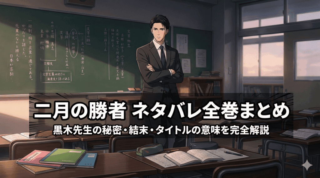 二月の勝者 ネタバレ全巻まとめ記事のアイキャッチ画像。塾の教室に立つ黒木蔵人先生のシルエットを背景に、記事タイトルが大きく表示されている