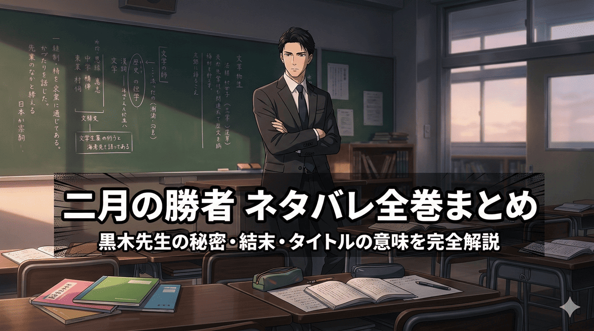二月の勝者 ネタバレ全巻まとめ記事のアイキャッチ画像。塾の教室に立つ黒木蔵人先生のシルエットを背景に、記事タイトルが大きく表示されている
