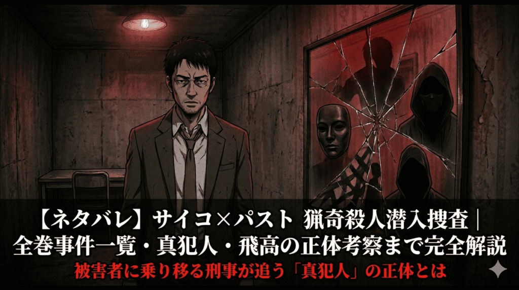 サイコ×パスト 猟奇殺人潜入捜査 ネタバレ記事のアイキャッチ画像。鏡の中に複数の被害者の姿を映す刑事・五代一哲をイメージしたダーク心理サスペンス構図