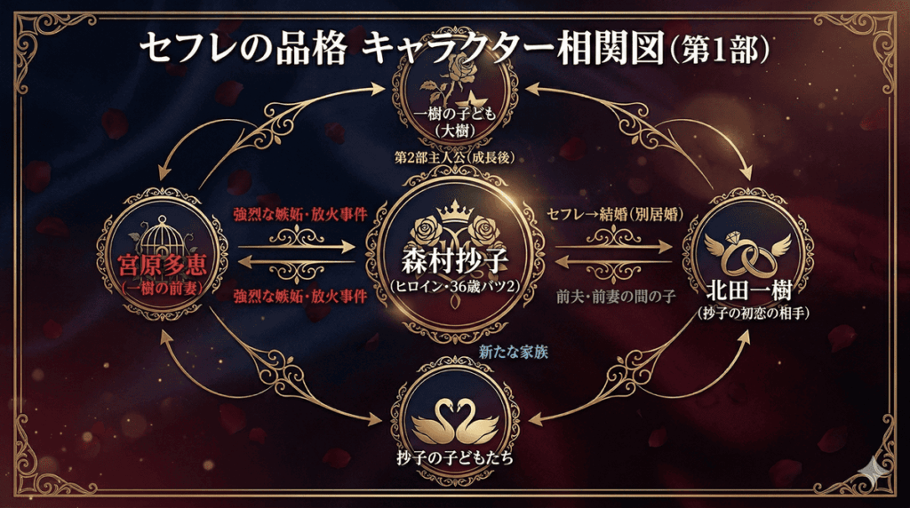 セフレの品格 第1部のキャラクター相関図。森村抄子と北田一樹のセフレから結婚への関係性、前妻・多恵との三角関係を図示
