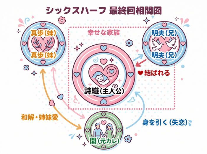 『シックスハーフ』最終回の相関図。詩織と明夫が結ばれ、真歩を含めた3人で家族になる様子。開は身を引く関係性。