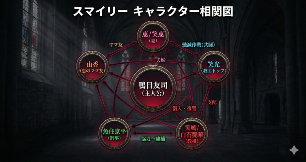 漫画スマイリーのキャラクター相関図。中央に主人公・鴨目友司、周囲に妻・恵、笑光、教祖・笑嫣、刑事・魚住、由香の6人の関係性を矢印で図示。夫婦関係、殲滅作戦の共闘、復讐、協力と逮捕などの複雑な人間関係を一目で把握できる
