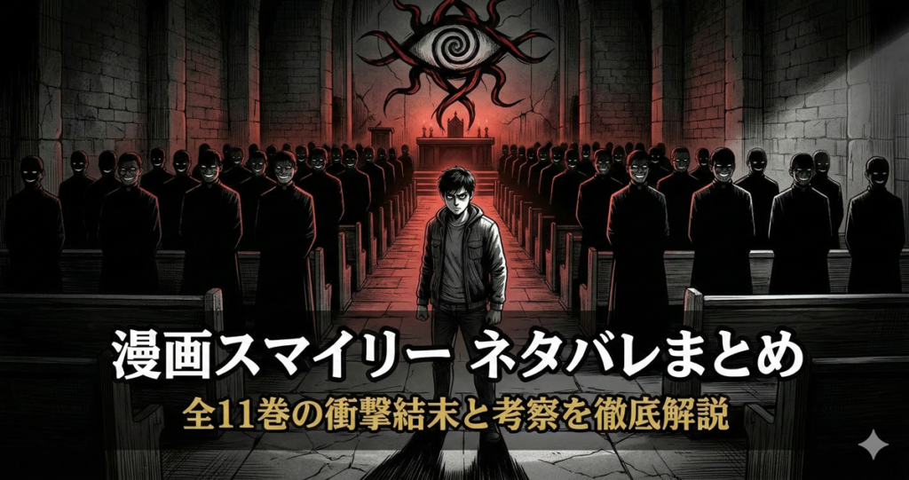漫画スマイリーのネタバレ記事アイキャッチ画像。暗い教会のような空間に不気味な笑顔のシルエットが並び、中央に主人公が立つサスペンスホラーな構図