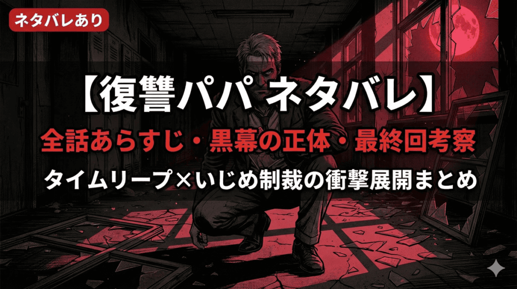 復讐パパネタバレ記事のアイキャッチ画像。娘の写真を手に暗い学校廊下で復讐を誓う父・渡のダークノワールな構図