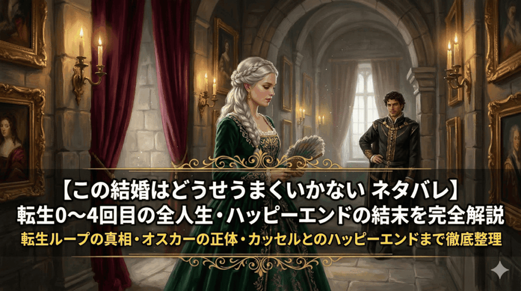 「この結婚はどうせうまくいかない ネタバレ記事のアイキャッチ画像。豪華な城の廊下でドレス姿の銀金色の髪のヒロインと、遠くから彼女を見つめる貴族男性のロマンティックなアニメ風イラスト」