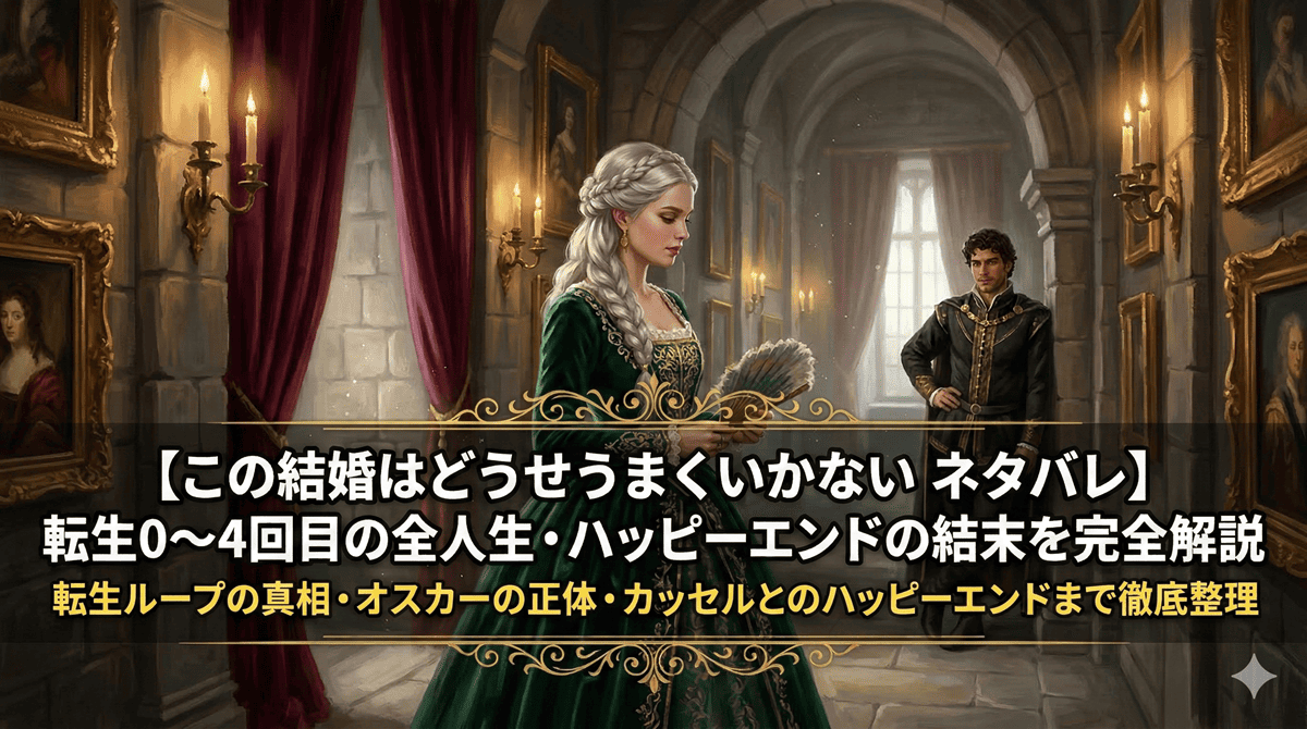 「この結婚はどうせうまくいかない ネタバレ記事のアイキャッチ画像。豪華な城の廊下でドレス姿の銀金色の髪のヒロインと、遠くから彼女を見つめる貴族男性のロマンティックなアニメ風イラスト」