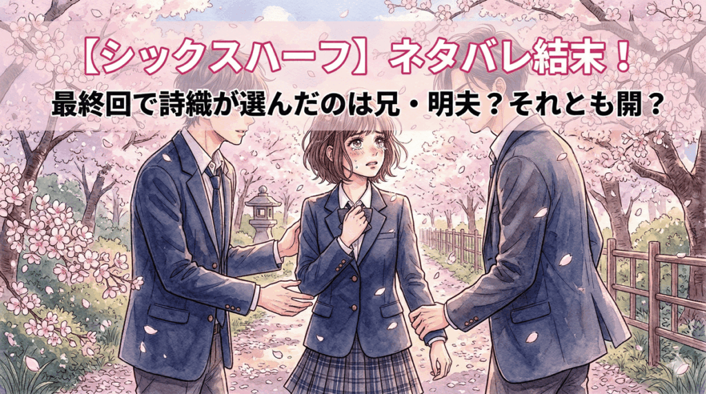 漫画『シックスハーフ』のネタバレ解説記事アイキャッチ。主人公の詩織と、明夫・開の二人が描かれたイラスト。