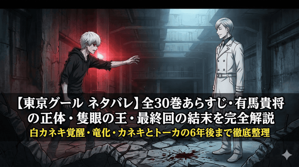 「東京グール ネタバレ記事のアイキャッチ画像。白髪に赫眼の白カネキと銀髪の有馬貴将が地下施設で対峙する緊迫感あるアニメ風イラスト」