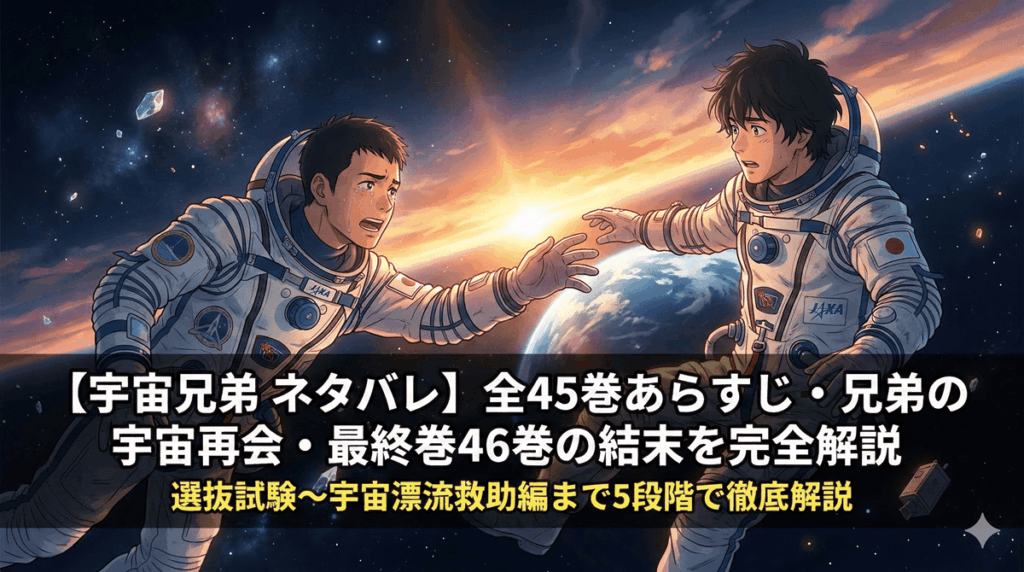 「宇宙兄弟 ネタバレ記事のアイキャッチ画像。宇宙空間で漂流するムッタに弟ヒビトが手を伸ばす、感動的な兄弟再会シーンのアニメ風イラスト」