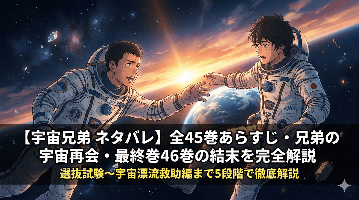 「宇宙兄弟 ネタバレ記事のアイキャッチ画像。宇宙空間で漂流するムッタに弟ヒビトが手を伸ばす、感動的な兄弟再会シーンのアニメ風イラスト」