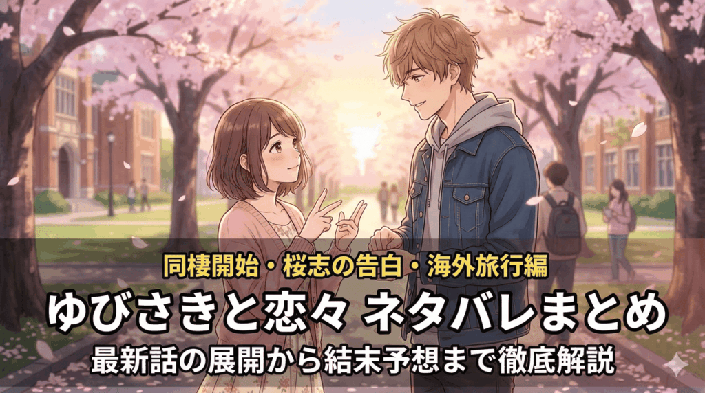 「ゆびさきと恋々 ネタバレ記事のアイキャッチ画像。手話で想いを伝え合う雪と逸臣のロマンチックな構図。同棲開始・桜志の告白・海外旅行編などの最新展開を徹底解説」